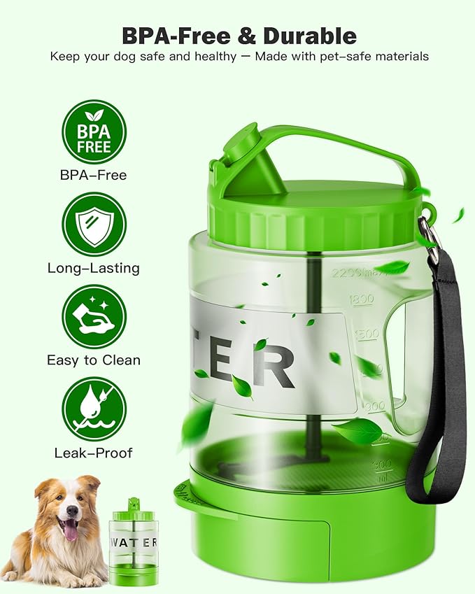 Dog Water Bottle Travel Bowl - 77oz Large Portable Dog Water Bowls Dispenser for Camping Essentials Hiking Traveling Beach Car Park Accessories, Leak Proof Pet Drinking Bottle Dispenser, Green