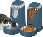 2 Pack Automatic Cat Feeder and Dog Food Feeder, Gravity Stainless Steel Water Dispenser and Waterer Set for Small Medium Puppy Kitten Pets (1 Gallon x 2, Navy Blue)