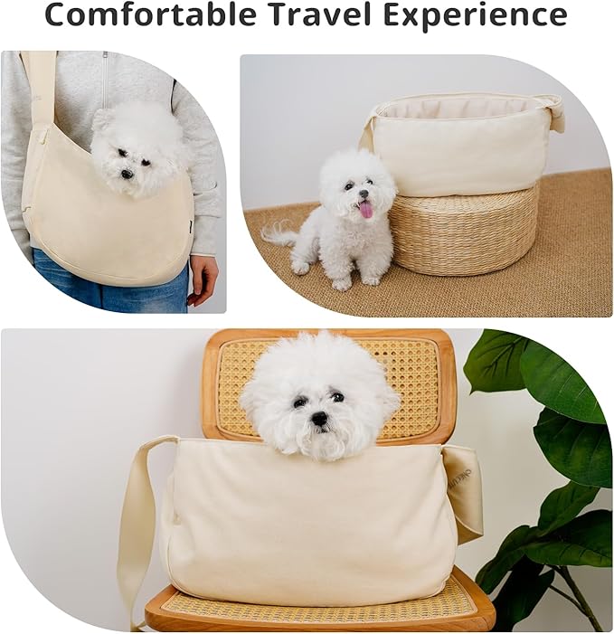 Dog Sling Carrier for Small Dogs and Cats, Lightweight Collapsible Pet Travel Bag with Adjustable Strap, Side Pockets & Breathable Mesh (Beige, 15.7" L x 5.9" W x 8.6" H)