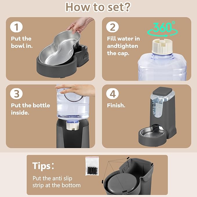 Automatic Cat Water Feeder and Food Bowl, Gravity Stainless Steel Cat Waterer Set for Small Medium Kitten Puppy Pets(1 Gallon + 12oz，Grey)