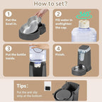 Automatic Cat Water Feeder and Food Bowl, Gravity Stainless Steel Cat Waterer Set for Small Medium Kitten Puppy Pets(1 Gallon + 12oz，Grey)