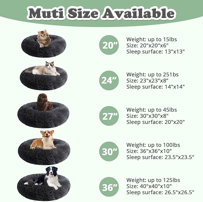JOLLYVOGUE Dog & Cat Bed, Calming Anti-Anxiety Pet Bed for Small Dogs, Fluffy Donut Cushion for Small and Medium Pets (23")