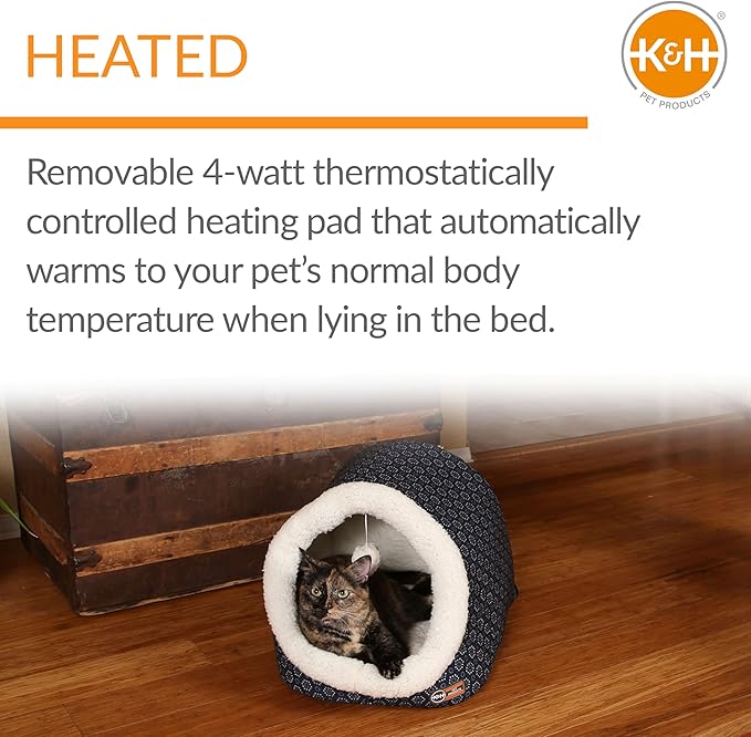 K&H Pet Products Thermo-Pet Cave Heated Cat Bed - Navy/Geo Flower 17 X 15 X 13 Inches