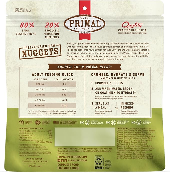 Primal Freeze Dried Raw Dog Food Nuggets, Lamb, Complete & Balanced Meal, Also Use as Topper or Treat, Premium, Healthy, Grain Free, High Protein Raw Dog Food, 14 oz (Pack of 2)