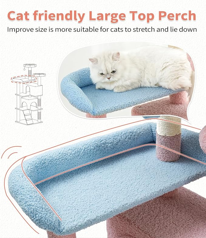 Made4Pets Cat Tree Tower 56" Cat Tower for Indoor Cats Kitten Tree Multi-Level Cat Tree with 2 Condo Furniture Activity Center with Scratching Posts Funny Toys (Pink Flower Blue)