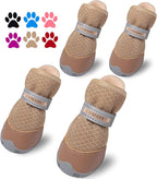 QUMY 4PCS Dog Shoes for Small Dogs, Hot Pavement Summer Puppy Dog Boots & Paw Protectors with Soft Anti-Slip Rubber Sole, Mesh Breathable Dog Booties for Hardfloors, Walking Running Khaki Size 5