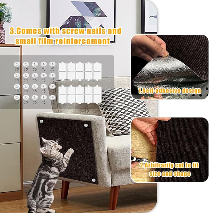 Cat Scratch Mat,118.5"x17.4" Trimmable Self-Adhesive Cat Scratch Furniture Protector, Sticky Cat Scratcher Wall Mat, Covering Cats Tower, Couch Protector from Cats Claws (Brown)