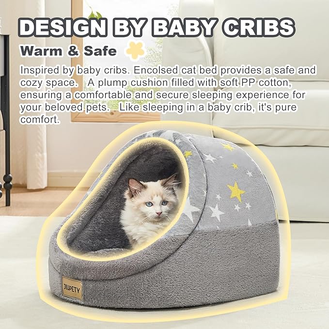 Jiupety Cat Beds for Indoor Cats, Cute Cat Cave Bed and Kitten Bed, Large Cat Cave and Covered Cat Bed with Anti-Slip Bottom, Washable Removable Cushion, M(16"x16"x13"), Gray Star.