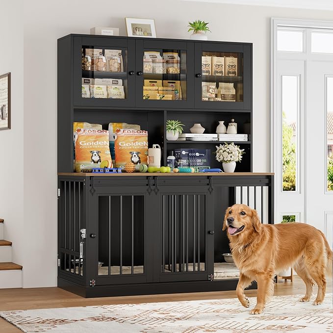 TTVIEW 71"H x 55"L Large Dog Crate Furniture with Hutch Shelf and Glass Door, Indoor Dog Kennel with Divider and Feeding Bowls for Large Dogs 2 Pets, Heavy Duty Dog Cage Pet House with 4 Doors, Black