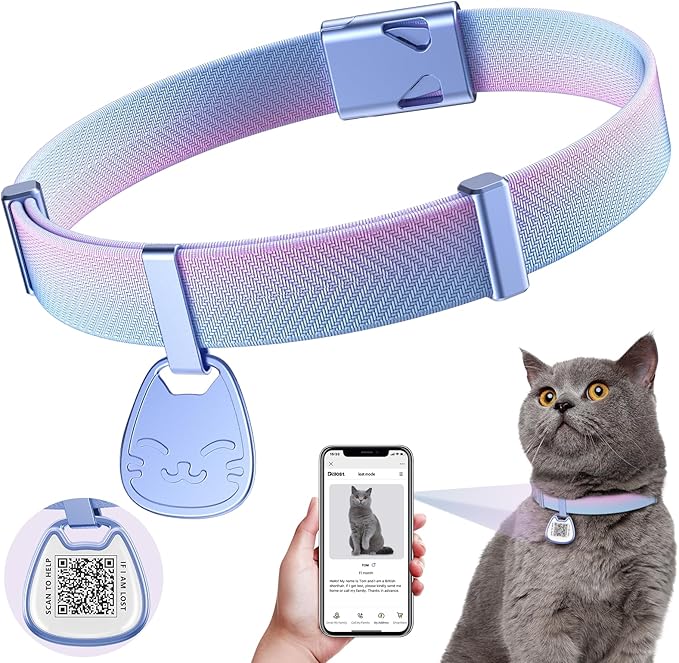 Cat Collar with QR Code Name Tag, Breakaway Kitten Collar for Boy & Girl Cats, Ultra Soft Elastic Adjustable Band, Safety Break Away Buckle, Comfortable & Secure Pet ID Collar (6"-12"), Iridescent
