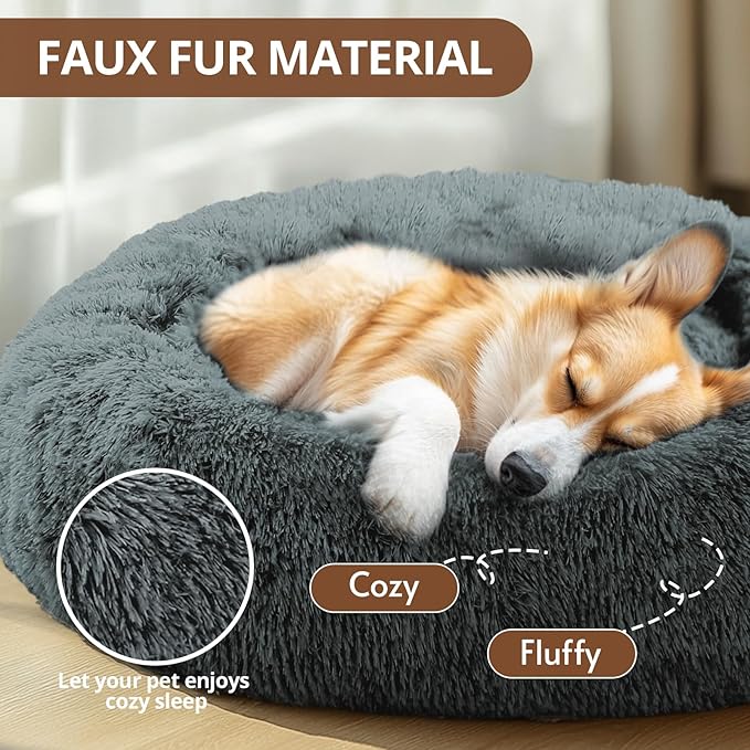 JOLLYVOGUE Calming Dog & Cat Bed for Large Dogs, Anti-Anxiety Donut Cuddler Cozy Soft Round Bed with Anti-Slip Bottom, Fluffy Faux Fur Plush Cushion Beds for Medium Dogs (36")