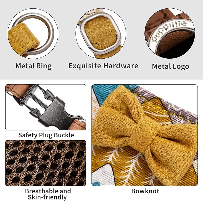 Puppytie No Pull Small Dog Harness with Multifunction Dog Leash,Lightweight Soft Adjustable No Choke Escape Proof Pet Harness Vest Pet Harness Vest,Suede Bow Yellow,S