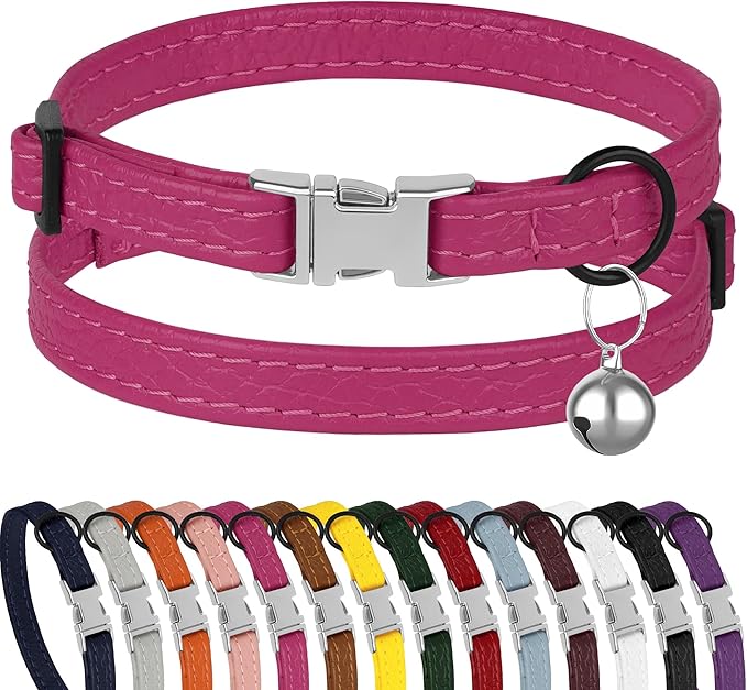 Leather Cat Collar with Buckle and Removable Bell - Non Breakaway Adjustable Soft Safety Small Pet Collars for Girl Boy Cats Kitten (Pink)