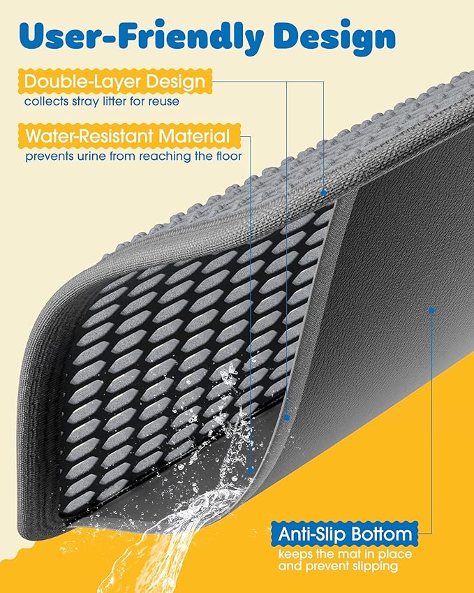 27" x 19" Cat Litter Mat - Ultra-Large Litter Box Mat with Double Layers, Urine-Proof and Non-Slip Litter Trapping Mat, Easy to Clean Kitty Litter Mats for Floor, Scatter Control, Grey
