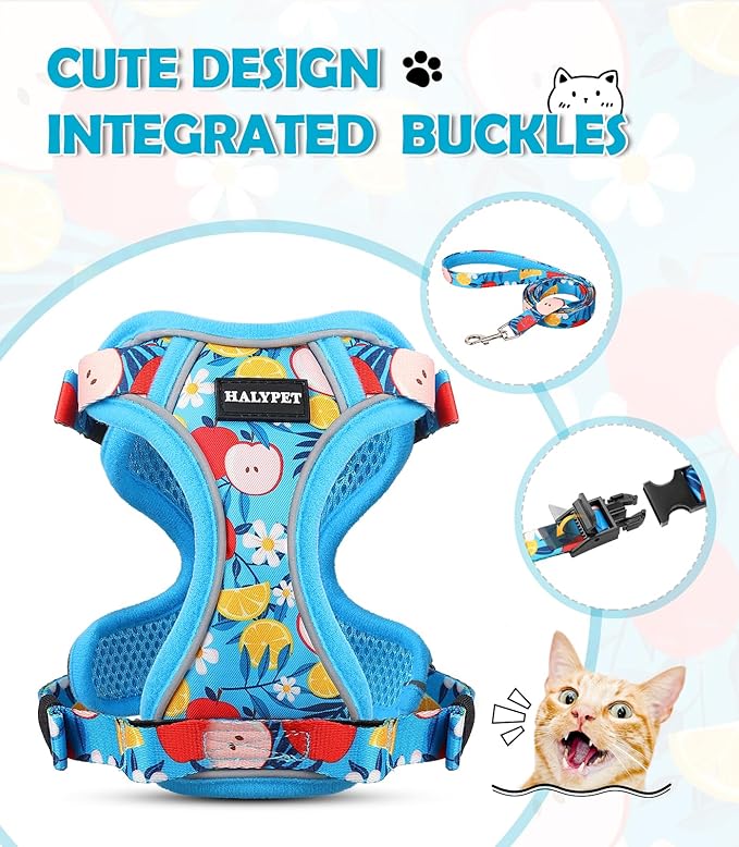 Halypet Cat Harness and Leash Set[MAX Safety 4th-Gen] Cute Escape Proof Vest Harness for Girl&Boy Cat Walking, Comfortable Adjustable Leash and Reflective Strips for Outdoor Kitten, XS Azure Floral
