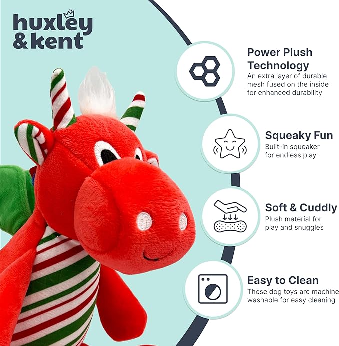 Huxley & Kent Funny Dog Toy w/Squeaker – Holiday Power Plush Squeaky Dog Toys for Small, Medium & Large Dogs – Soft Stuffed Animal for Indoor Play & Fetch - Snowball Dragon, Small