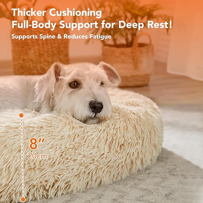 Deconovo Calming Donut Dog Bed, Washable Plush Round Pet Bed for Small Dogs & Cats with Raised Rim, Non-Slip Base and Soft Faux Fur—Lightweight, Easy-Care Design Beige 30" L x 30" W x 8" Th