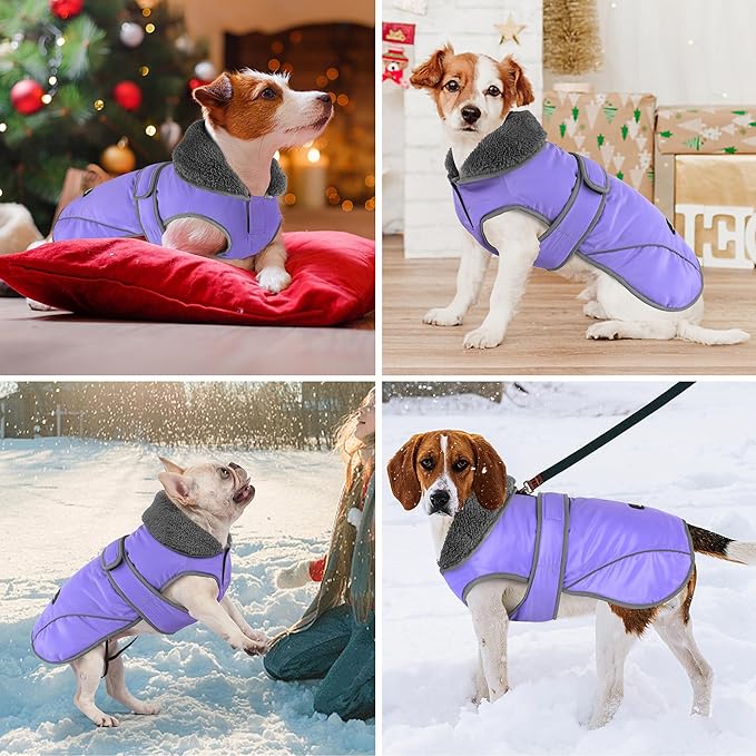 Dogcheer Dog Coat, Christmas Dog Jacket Waterproof Puppy Winter Coat for Cold Weather, Reflective Pet Snow Jacket Warm Turtleneck Fleece Sweater for Small Medium Large Dogs - Taro Purple, XL