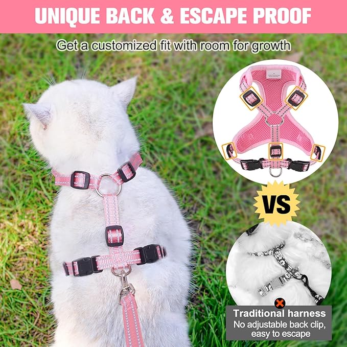 BEAUTYZOO Cat Harness, Escape Proof Cat Leash and Harness Set for Walking, Soft Breathable Vest Harness with Neck Adjustable, Reflective Easy-Control Kitten Harness for Cats,Alpaca-Pink S