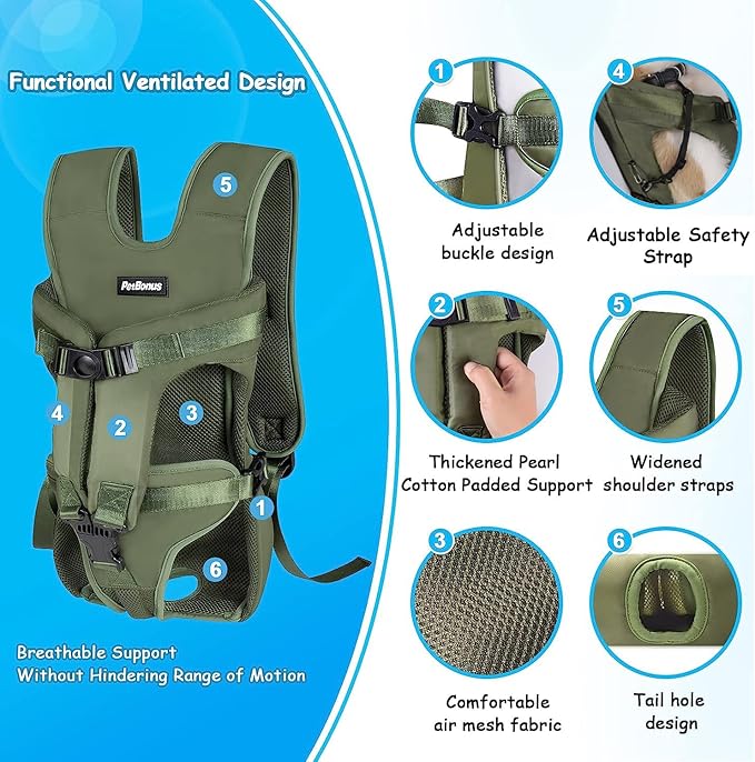 PetBonus Pet Front Dog Carrier Backpacks, Adjustable Pet Backpack, Legs Out Easy-fit Puppy Chest Carrier for Medium Small Dogs, Hands Free for Hiking, Cycling (Army Green, L)