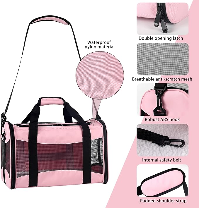 Cat Carrying Case - Pet Carrier Airline Approved, Protable and Breathable Pet Travel Carrier Removable Fleece Pad, Collapsible Cat Carrier Dog Carrier for Medium Cats Small Cats Dogs (Small, Pink)