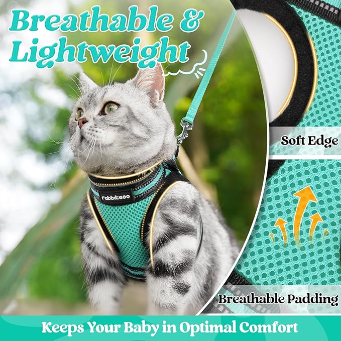 rabbitgoo Cat Harness and Leash Set for Walking Escape Proof, Adjustable Soft Kittens Vest with Reflective Strip for Cats, Comfortable Outdoor Vest,Green,S