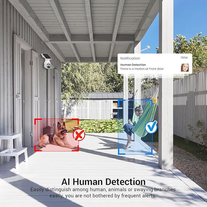 1080p Security Camera Wireless with Solar Panel, 2.4G WiFi Only, AI Human Detection, 2-Way Audio, Color Night Vision, Indoor/Outdoor Surveillance Bullet Cam, Cloud Storage (Sold Separately)