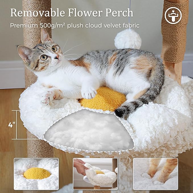 PETEPELA Cat Tree for Large Cats, 48.5" Natural Solid Wood Cat Tower with Big Rattan Basket, Cozy Condo & Flower Cat Tree with Large Perch for Indoor Cats, Kittens, White