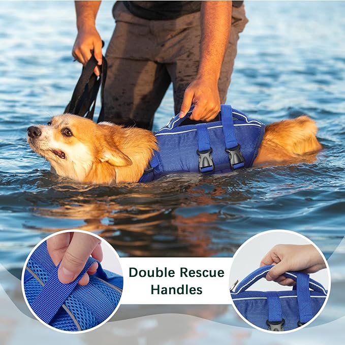 Kuoser Dog Life Jacket High Flotation, Reflective Dogs Life Vest for Swimming Boating, Adjustable Small Medium Large Dog lifejacket, Lightweight Dogs Life Preserver Rescue Handle Spring Summer Pool