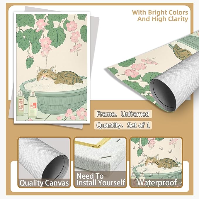 Vintage Tabby Cat in Bathtub Wall Art Funny Japanese Poster Print Relaxation Decor Cute Animal Pet Canvas Neutral Japan Painting for Bathroom Dorm Living Room Home Aesthetic 16x24inch Unframed