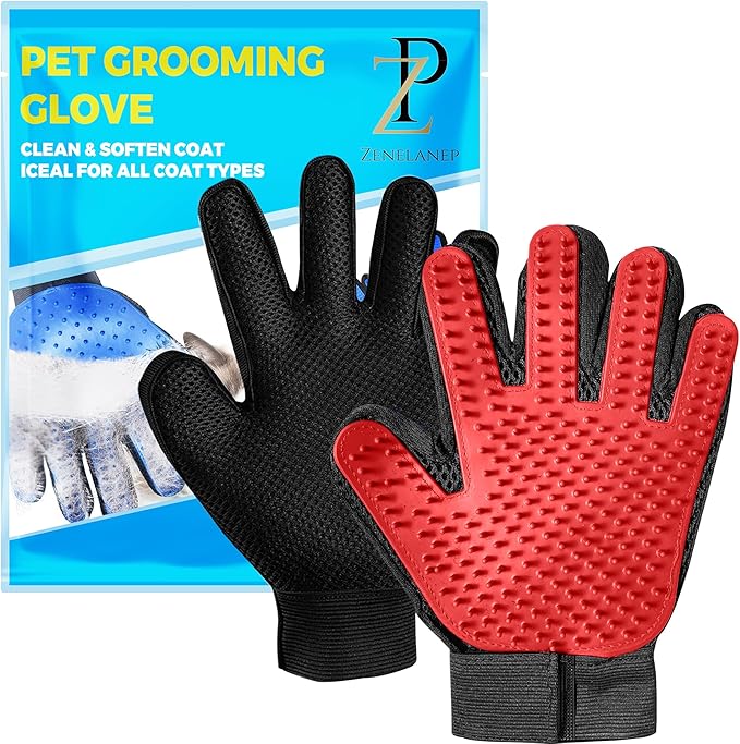 Upgrade Pet Grooming Gloves, Grooming Gloves for Dogs, Cats, Rabbits & Horses with Long and Short Hair, Efficient Pets Hair Remover Mittens - 1 Pair (Red)