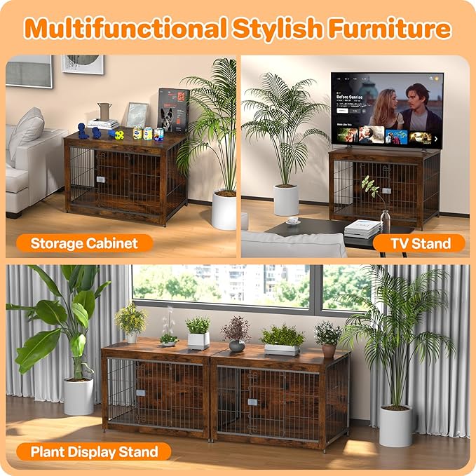 Dog Crate Furniture, Wooden Dog Crate 33in, Decorative Cage with End Table for Dog Indoor Kennel, High Anxiety Dog, Escape-Proof Locks for All Breeds