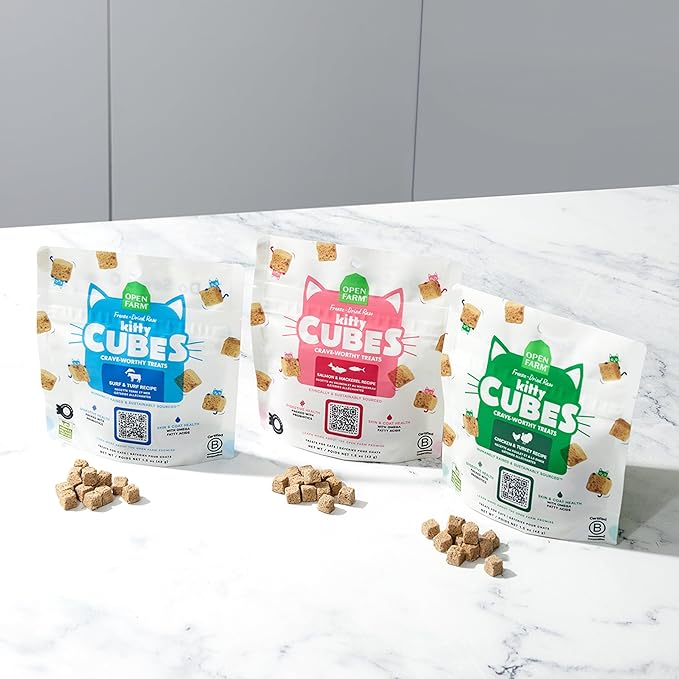 Open Farm, Kitty Cubes, Freeze Dried Raw Cat Treats, Grain-Free, High-Protein Cat Treat with Probiotics, Omega Fatty Acids & Superfoods, Surf & Turf Recipe, 1.5oz Bag