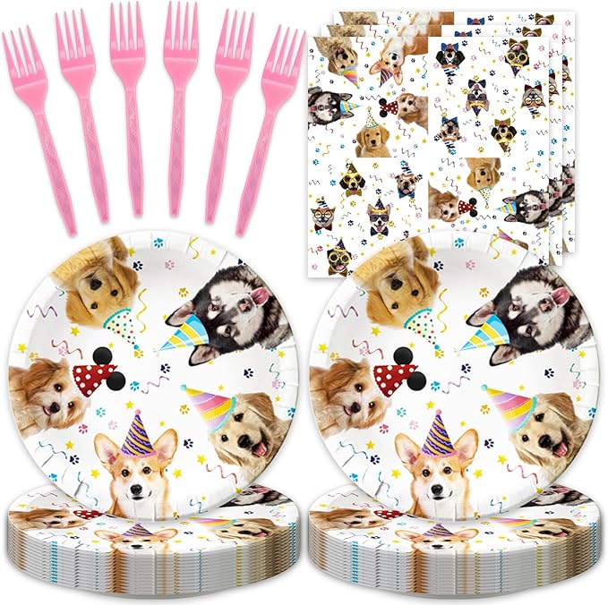 48Pcs Dog Pawty Birthday Party Decorations Dog Theme Party Decorations with Puppy Birthday Baby Shower Forks Plates and Napkins Supplies