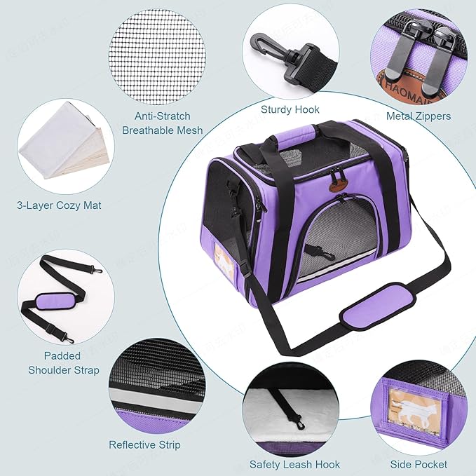 Cat Carrier Dog Carrier Pet Carriers for Medium Small Cats Dogs Puppies up to 15 Lbs,TSA Airline Approved Small Dog Cat Carriers Soft Sided,Collapsible Travel Puppy Carrier (Purple, Large)