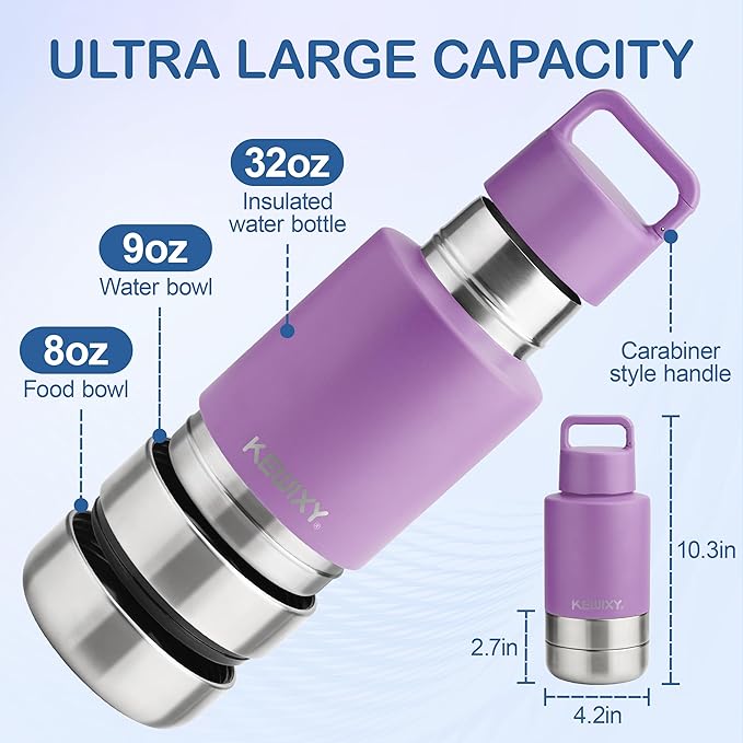 Insulated Dog Travel Water Bottle with Detachable Bowls, 3 in 1 Portable Dog Water Bottle Dispenser, Dog Accessories for Walking, Hiking, Camping, Outdoor (Lavender, 32 Oz)