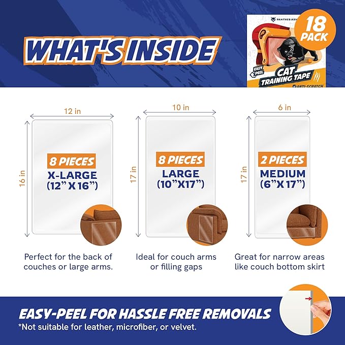 18 Pack Cat Scratch Furniture Protector Tape Sheets – Double-Sided Sticky Training (8 XL, 8 Large, 2 Medium) – Anti-Scratch Couch & Sofa Guard – Clear – Not for Leather, Velvet, Microfiber