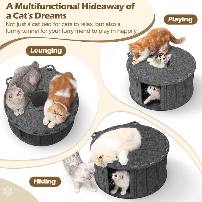 ComSaf Cat Donut Tunnel Bed - Peekaboo Cat Cave Bed for Indoor Cats, Large Pet House Round Cat Play Tunnel for Multiple Cats Up to 30 Lbs, 2 in 1 Detachable Felt Cat Hideaway Nap Rest Bed, Dark Grey