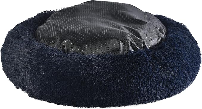 Max & Marlow Long Lush Faux-Fur, Anti-Anxiety Cuddler, Donut Dog & Cat Bed, Non Slip Bottom, Medium, Navy