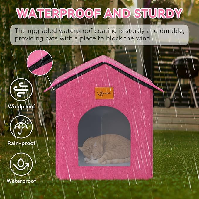 Outdoor Cat House for Shelter Feral Cat, Outside Waterproof Cat House for Outdoor/Indoor Cats, Insulated Cat Bed for All Seasons with Cozy Cushion (Rose Pink, Zip Style)