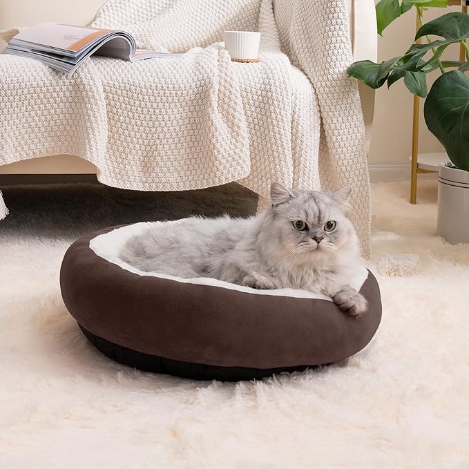Love's cabin Round Donut Cat and Dog Cushion Bed, 20in Pet Bed for Cats or Small Dogs, Anti-Slip & Water-Resistant Bottom, Super Soft Durable Fabric Pet Beds, Washable Luxury Cat & Dog Bed Brown
