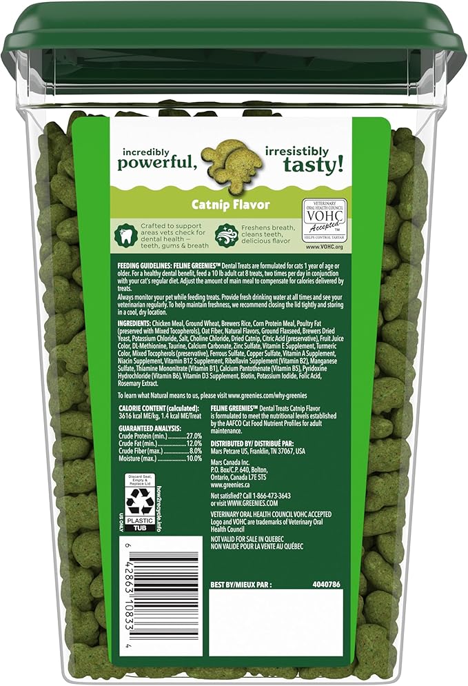 Greenies Feline Veterinarian-Recommended Adult Natural Dental Cat Treats, Catnip Flavor, 21 oz. Tub