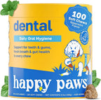 Happy Paws Dental Chews for Dogs, Spearmint Flavor Soft Chews with Coconut Oil, Enzyme Blend, Spirulina, Sea Kelp & P-6 Probiotics, Supports Oral Hygiene, Fresh Breath & Digestive Health, 100 Count