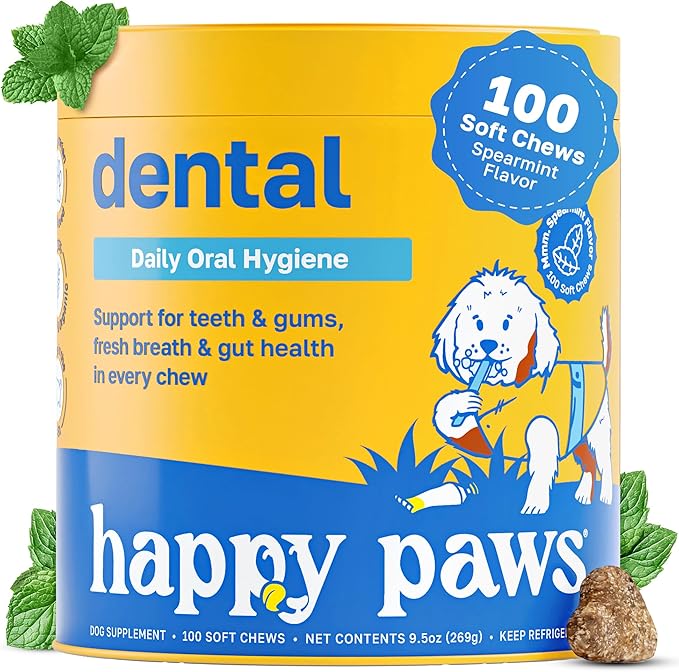 Happy Paws Dental Chews for Dogs, Spearmint Flavor Soft Chews with Coconut Oil, Enzyme Blend, Spirulina, Sea Kelp & P-6 Probiotics, Supports Oral Hygiene, Fresh Breath & Digestive Health, 100 Count