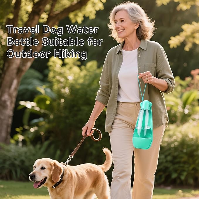 UPSKY Portable Dog Water Bottle, 3-in-1 Foldable Dog Water Dispenser with Food Container & Poop Scooper, Leak Proof, Ideal for Walking, Traveling, Hiking with Small/Large Dogs, 14.2 oz(Green)