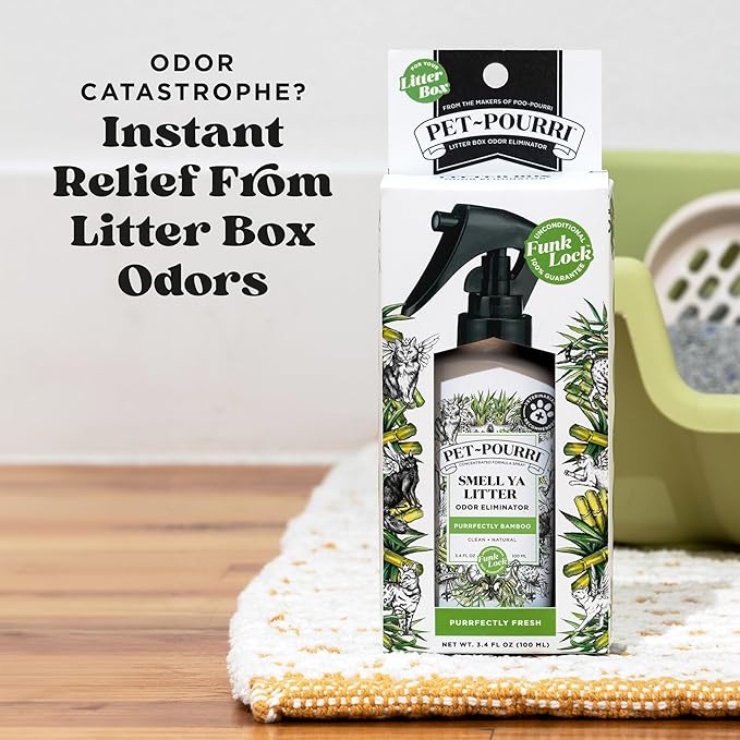 Pet-Pourri Smell Ya Litter Cat Litter Deodorizer Spray, Purrfectly Bamboo 3.4 Fl Oz, Up to 170 Uses, Pet Odor Remover with Essential Oils for Air, Carpet, Urine, Vet Recommended, Bergamot Bamboo Scent