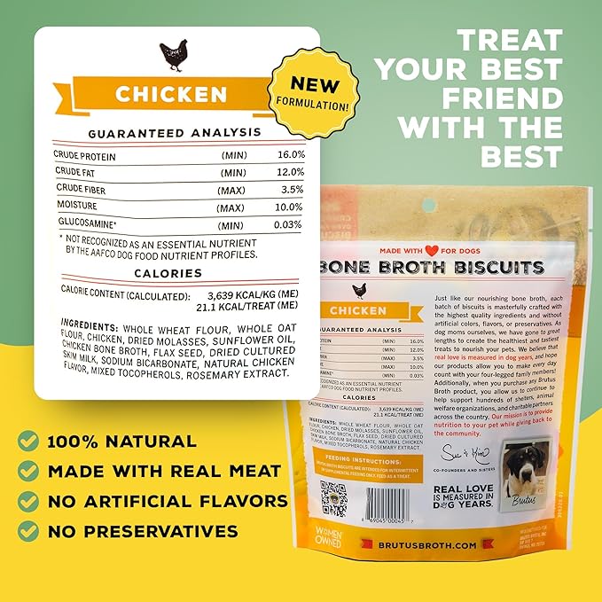 Brutus Bone Broth Biscuits (Chicken) - Healthy Dog Treats - Natural Biscuits with Dog Bone Broth and Real Chicken Meat - 18 Grams of Protein - 8 OZ (Pack of 6)