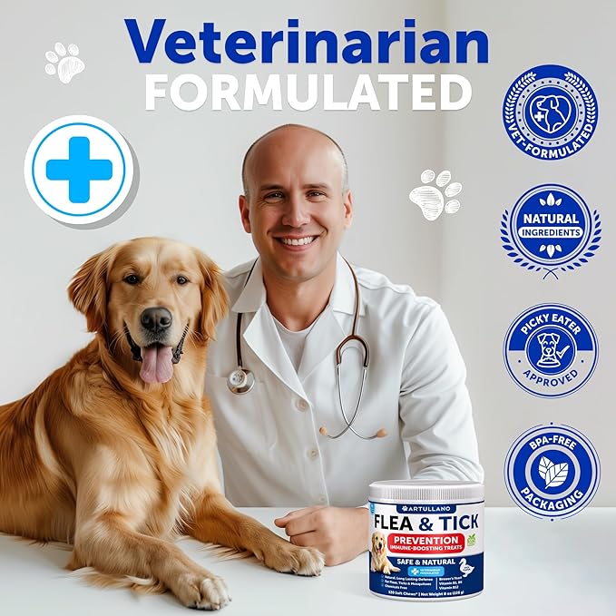 Flea and Tick Prevention for Dogs Chewables - Made in USA - Natural Flea and Tick Supplement for Dogs - 240 Immune Support Chews (2 Pack) - Vitamins B1, B6, B12 - All Breeds and Ages