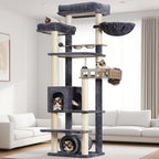 Cat Tree with Tunnel, Cat Tower for Indoor Cats, Tall Cat Tree Tower with Cat Condo, Food Station, Large Platform, Scratching Posts, Hammock, Smoky Gray GCT021G