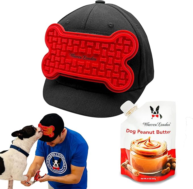 Warren London Hat/Snack Combo - Distract-A-Hat™ Grooming Distraction Tool + 8 oz All-Natural Roasted Peanut Dog Peanut Butter, Xylitol-Free Enrichment & Anxiety-Relief